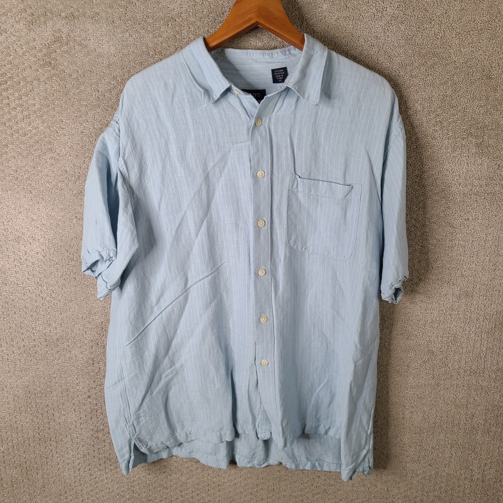 IZOD Shirt Mens XL Light Blue Striped Linen Blend Short Sleeve Button‎ Up Casual